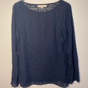 Sheer navy top with brocade pattern